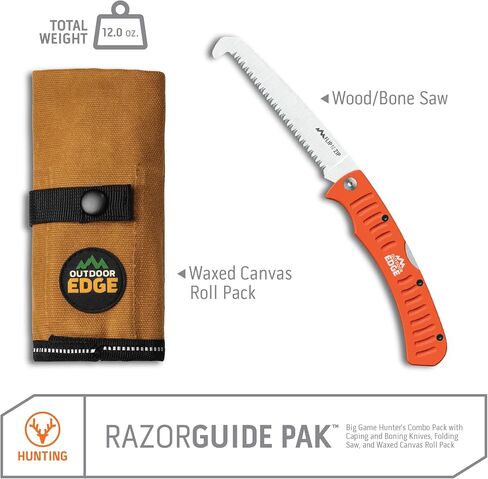 OUTDOOR EDGE RazorGuide Pak Hunting Knife Set. Features Two Replaceable Blade Hunting Knives, Bone Saw, all Stored Securely in a Compact Waxed Canvas Roll Pack in Kuwait