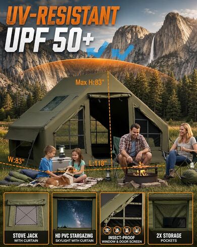 Inflatable Camping Tent with Pump, Stove Jack, Skylight, 4-6 Person in Kuwait