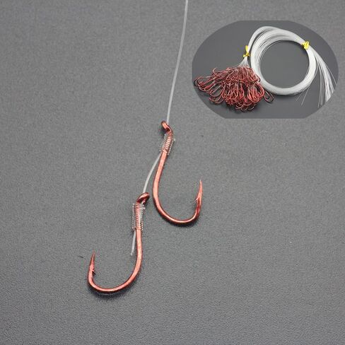 50pcs/Bag Premium Snelled Fishing Hooks Set, Red Coated Double Hook Design with Twin Uni Knot, Pre-Tied Clear Leader Line in Saudi Arabia