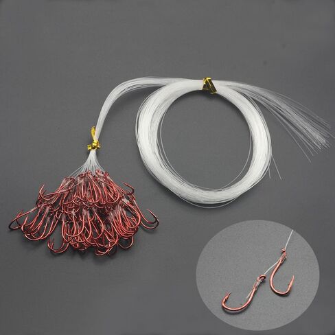 50pcs/Bag Premium Snelled Fishing Hooks Set, Red Coated Double Hook Design with Twin Uni Knot, Pre-Tied Clear Leader Line in Saudi Arabia