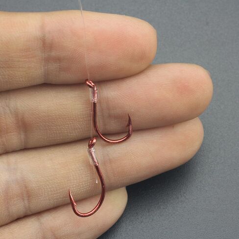 50pcs/Bag Premium Snelled Fishing Hooks Set, Red Coated Double Hook Design with Twin Uni Knot, Pre-Tied Clear Leader Line in Saudi Arabia