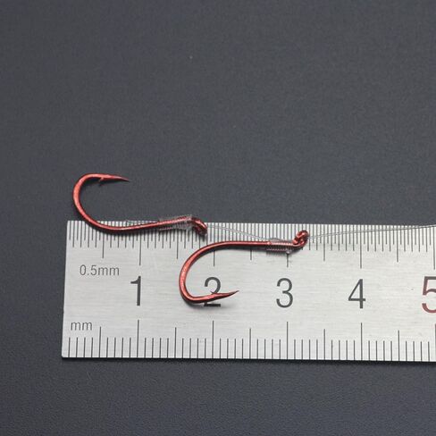 50pcs/Bag Premium Snelled Fishing Hooks Set, Red Coated Double Hook Design with Twin Uni Knot, Pre-Tied Clear Leader Line in Saudi Arabia