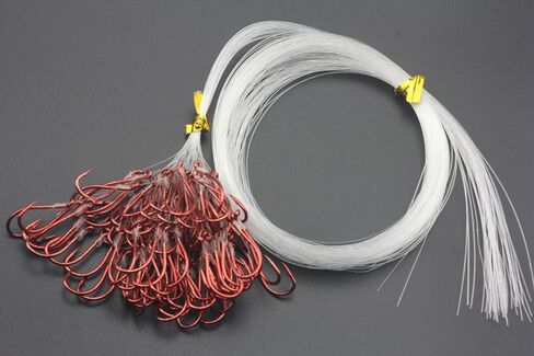 50pcs/Bag Premium Snelled Fishing Hooks Set, Red Coated Double Hook Design with Twin Uni Knot, Pre-Tied Clear Leader Line in Saudi Arabia