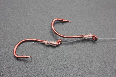 50pcs/Bag Premium Snelled Fishing Hooks Set, Red Coated Double Hook Design with Twin Uni Knot, Pre-Tied Clear Leader Line in Saudi Arabia