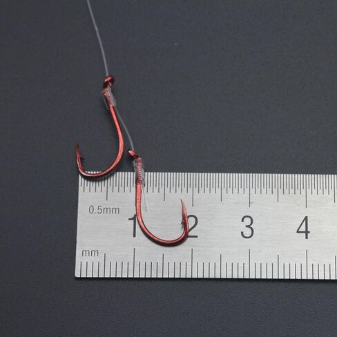 50pcs/Bag Premium Snelled Fishing Hooks Set, Red Coated Double Hook Design with Twin Uni Knot, Pre-Tied Clear Leader Line in Saudi Arabia