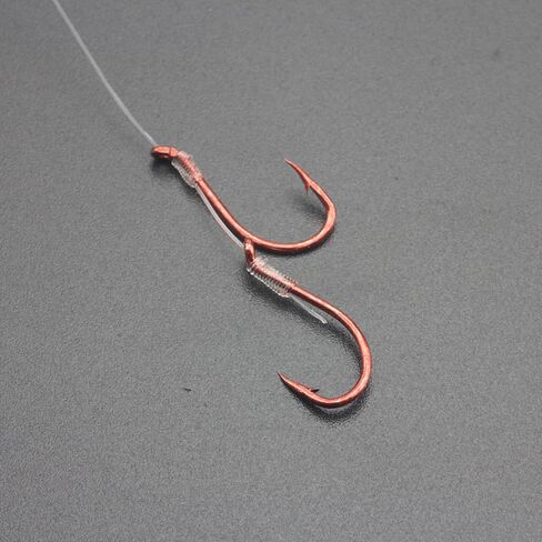 50pcs/Bag Premium Snelled Fishing Hooks Set, Red Coated Double Hook Design with Twin Uni Knot, Pre-Tied Clear Leader Line in Saudi Arabia