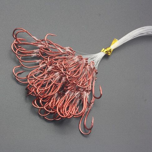 50pcs/Bag Premium Snelled Fishing Hooks Set, Red Coated Double Hook Design with Twin Uni Knot, Pre-Tied Clear Leader Line in Saudi Arabia