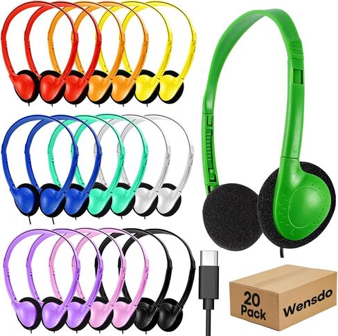 USB C Headphones Bulk 20 Pack for Classroom School Kids, Wholesale Durable On-Ear Headset for Students Teens, Compatible with Chromebook Laptop Tablet Smartphones (HY857C, 20 Mixed) in Kuwait