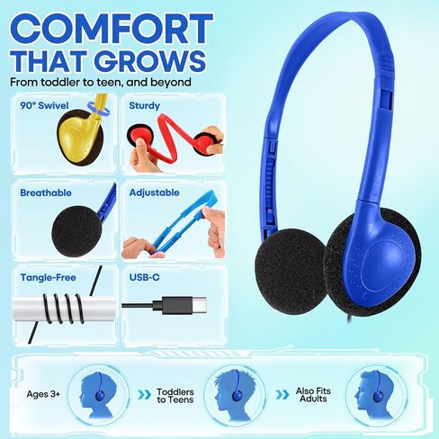 USB C Headphones Bulk 20 Pack for Classroom School Kids, Wholesale Durable On-Ear Headset for Students Teens, Compatible with Chromebook Laptop Tablet Smartphones (HY857C, 20 Mixed) in Kuwait