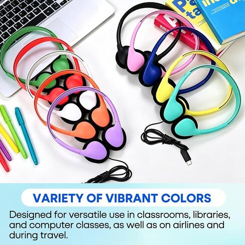 USB C Headphones Bulk 20 Pack for Classroom School Kids, Wholesale Durable On-Ear Headset for Students Teens, Compatible with Chromebook Laptop Tablet Smartphones (HY857C, 20 Mixed) in Kuwait