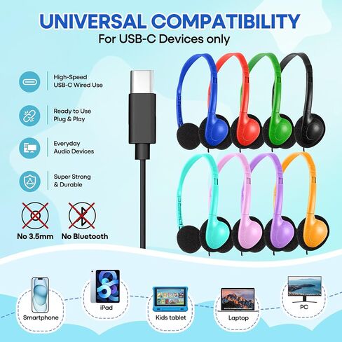 USB C Headphones Bulk 20 Pack for Classroom School Kids, Wholesale Durable On-Ear Headset for Students Teens, Compatible with Chromebook Laptop Tablet Smartphones (HY857C, 20 Mixed) in Kuwait