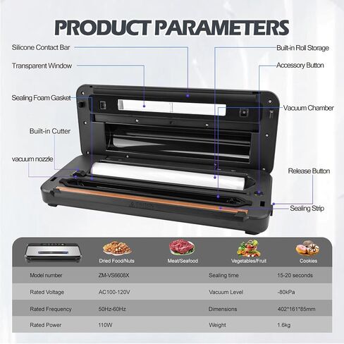 Vacuum Sealer Machine, Food Vacuum Sealer with Visual Window – See-Through Design for Easy Bag Alignment, Automatic Food Sealer with Built-in Bag Storage & Cutter, Dry & Moist Food Modes in Kuwait