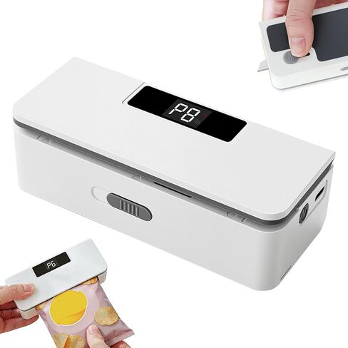 USB-C Rechargeable Mini Bag Sealer, 8-Level Adjustable Heat Sealer with Cutter, LED Display, Magnetic Base, Portable Resealer for Snack Bags, Food Storage Bags (White) in Kuwait
