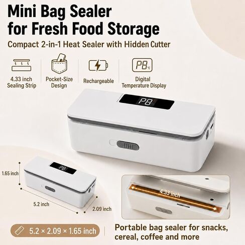 USB-C Rechargeable Mini Bag Sealer, 8-Level Adjustable Heat Sealer with Cutter, LED Display, Magnetic Base, Portable Resealer for Snack Bags, Food Storage Bags (White) in Kuwait