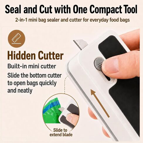 USB-C Rechargeable Mini Bag Sealer, 8-Level Adjustable Heat Sealer with Cutter, LED Display, Magnetic Base, Portable Resealer for Snack Bags, Food Storage Bags (White) in Kuwait