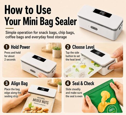 USB-C Rechargeable Mini Bag Sealer, 8-Level Adjustable Heat Sealer with Cutter, LED Display, Magnetic Base, Portable Resealer for Snack Bags, Food Storage Bags (White) in Kuwait