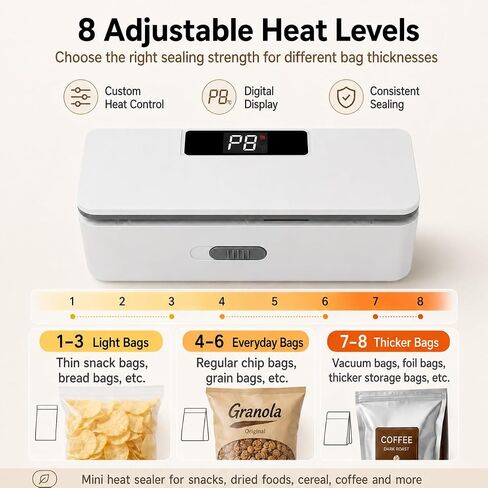USB-C Rechargeable Mini Bag Sealer, 8-Level Adjustable Heat Sealer with Cutter, LED Display, Magnetic Base, Portable Resealer for Snack Bags, Food Storage Bags (White) in Kuwait