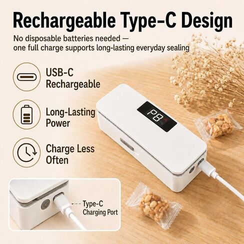 USB-C Rechargeable Mini Bag Sealer, 8-Level Adjustable Heat Sealer with Cutter, LED Display, Magnetic Base, Portable Resealer for Snack Bags, Food Storage Bags (White) in Kuwait