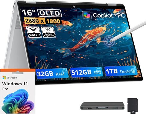 HP OmniBook 7 Flip 2-in-1 16" OLED Touch Laptop, Intel Core Ultra 7 258V, 32GB LPDDR5X, 1.5TB Storage(512GB SSD+1TB Docking Station Set), Intel Arc Graphics, Wi-Fi 7, Copilot+ PC, Win 11 Pro, Silver in Kuwait