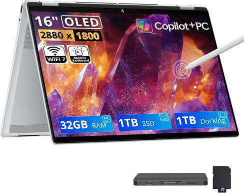 HP OmniBook 7 Flip 2-in-1 16" OLED Touch Laptop, Intel Core Ultra 7 258V, 32GB LPDDR5X, 1.5TB Storage(512GB SSD+1TB Docking Station Set), Intel Arc Graphics, Wi-Fi 7, Copilot+ PC, Win 11, Silver in Kuwait