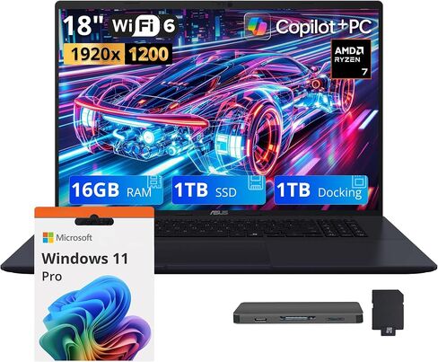 ASUS Vivobook 18 Copilot+ PC, 18" WUXGA 144Hz IPS Display, AMD Ryzen 7 260, 32GB DDR5, 2TB Storage (1TB SSD+1TB Docking Station), AMD Radeon Graphics, Backlit Keyboard, Wi-Fi 6, Win 11 Pro, Blue in Kuwait