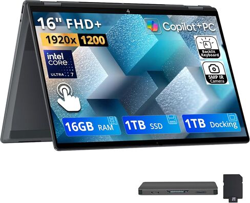 HP OmniBook X Flip 2-in-1 16" 2K Copilot+ PC Touch Laptop, Intel Core Ultra 7 256V, 16GB LPDDR5X, 3TB Storage (2TB SSD+1TB Dock), Intel Arc 140V GPU, Backlit Keyboard, IR Camera, Win 11, Gray in Kuwait