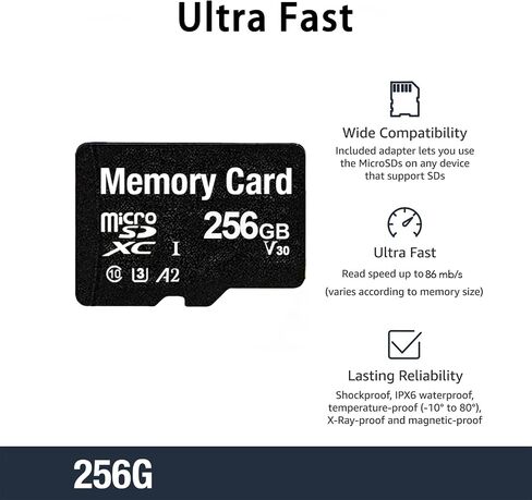 256GB Micro SDXC Memory Card with Full Size Adapter, A2, U3, Read Speed up to 86 MB/s, Black in Kuwait
