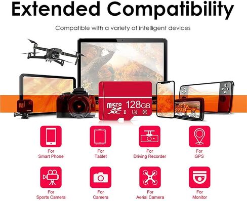 128GB Micro SD Card C10 U3 V30 A2 4K Video for Dash Cam Security Camera Smartphones Tablets & Gaming, High Speed Memory Card （Red in Kuwait