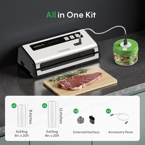 FRESKO Professional Vacuum Sealer V6 with Built-in Bag Roll Storage & Cutter, 2 Rolls Bags Included in Kuwait
