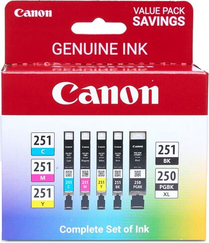 Canon PGI-250XL/CLI-251 Genuine Five Color Value Pack, Compatible with MG6320, iP7220, MG5420, MX922, MX722, MG7120, MG6420, MG5520, iX6820, iP8720, MG7520, MG6620, and MG5620 (Optional) Printers in Saudi Arabia