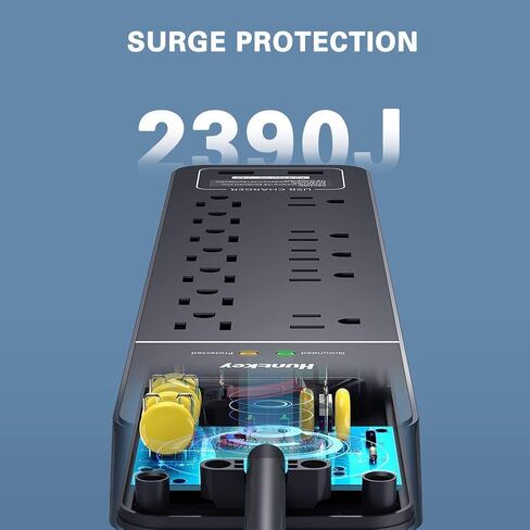 Surge Protector Power Strip, Huntkey 12 Outlets with 2 USB Ports, 6 Feet Extension Cord, 2390 Joules, ETL Listed, Black in Kuwait