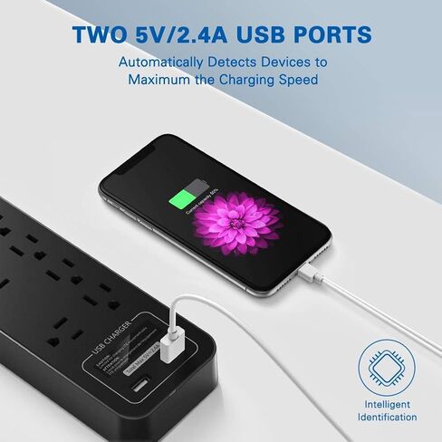 Surge Protector Power Strip, Huntkey 12 Outlets with 2 USB Ports, 6 Feet Extension Cord, 2390 Joules, ETL Listed, Black in Kuwait
