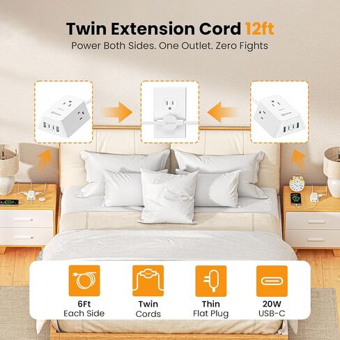 12FT Twin Flat Extension Cord USB C 20W,Split Extension Cord Flat Wall Plug in Kuwait
