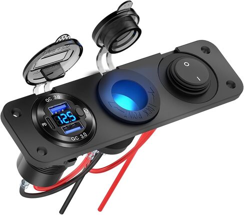 12V USB Outlet Marine Switch Panel Plug, PD3.0 and Dual QC3.0 USB Ports Aluminum Car Charger with LED Voltmeter Power Switch, Lighted 150W Cigarette Lighter Socket 2 in 1 DIY Kit for Boat RV ATV, etc. in Saudi Arabia