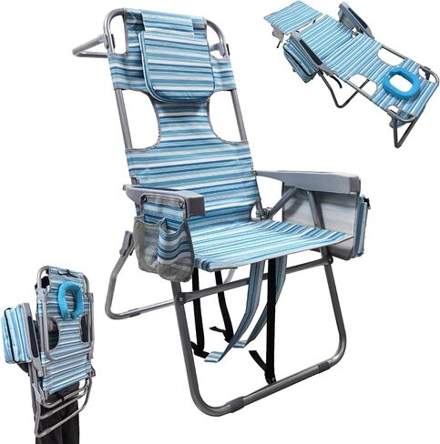 16" High Backpack Beach Chair for Adults with Face Hole & Camping Stool Heavy Duty Beach Tanning Chair Lay Flat with Cooler Bag Supports 265 lbs in Kuwait