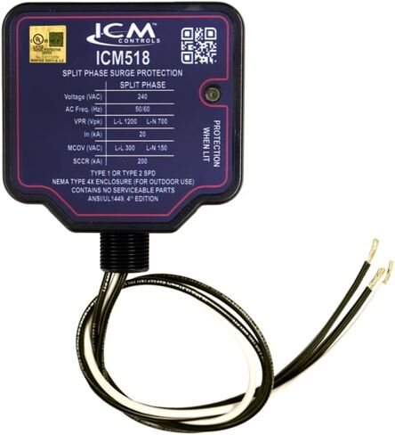 ICM Controls ICM518 Whole House Surge Protector, Type 1/2 SPD, 120/240V Split-Phase, NEMA 4X Indoor/Outdoor, UL 1449 Listed, Made in USA in Saudi Arabia