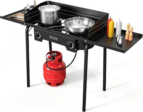 ROVSUN 2 Burner Outdoor Camping Stove with Wind Panel, 150,000 BTU Propane Burner, Gas Cooker with Detachable Legs & CSA Regulator for Home Camp Paito Cooking Frying Canning in Kuwait