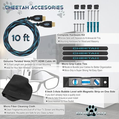 Cheetah Articulating Dual Arms TV Wall Mount for 32-65 Inch TVs, 115lbs VESA 400x400mm, 16" Studs, New TVs up to 83", Low Profile & Extends 14", Full Motion Tilt Swivel Bracket & 10 ft HDMI Cable in Kuwait