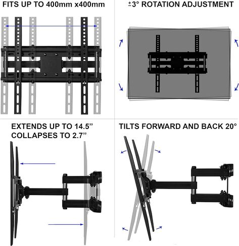 Cheetah Articulating Dual Arms TV Wall Mount for 32-65 Inch TVs, 115lbs VESA 400x400mm, 16" Studs, New TVs up to 83", Low Profile & Extends 14", Full Motion Tilt Swivel Bracket & 10 ft HDMI Cable in Kuwait