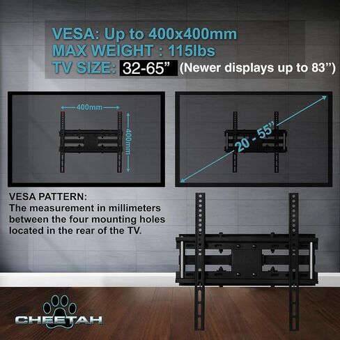 Cheetah Articulating Dual Arms TV Wall Mount for 32-65 Inch TVs, 115lbs VESA 400x400mm, 16" Studs, New TVs up to 83", Low Profile & Extends 14", Full Motion Tilt Swivel Bracket & 10 ft HDMI Cable in Kuwait