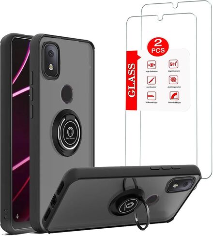 for T-Mobile REVVL 4 Plus Case with [2 Pack] Tempered Glass Screen Protector, for T-Mobile REVVL 4+ Ultra Thin Heavy Duty Armor Protective，with Magnetic Kickstand Phone Case Black in Kuwait