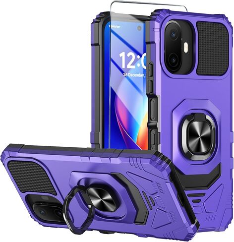 for TCL K70 5G/TCL K70 XE Phone Case with Tempered Glass Screen Protector,Military Grade Heavy Duty Shockproof Protective Cover,with Ring Kickstand (Black) in Kuwait
