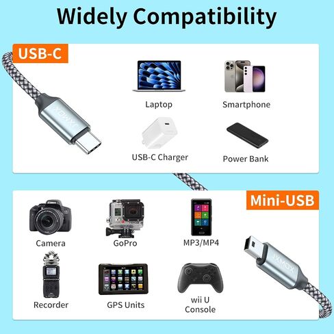 JXMOX USB C to Mini USB Cable,(3.3ft 2-Pack) Mini USB to Type C Cable Charging Cord for GoPro Hero 3+, PS3 Controller, MP3 Player, Dash Cam, Digital Camera, GPS Receiver, PDAs and More Mini B Devices in Kuwait