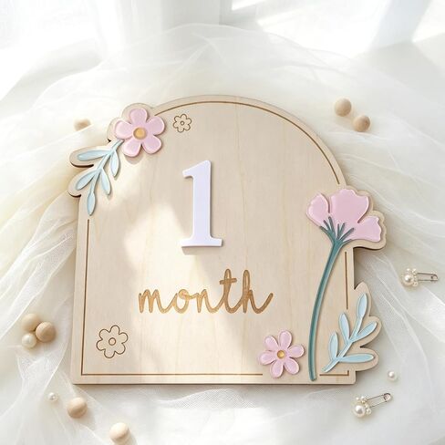 Wooden Wildflower Baby Monthly Milestone Markers Disc, Rustic Wildflower Milestone Sign,Wooden 3D Milestone Cards for Photos, 1-12 Months Interchangeable Monthly Milestone Sign in Kuwait