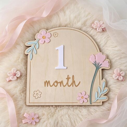 Wooden Wildflower Baby Monthly Milestone Markers Disc, Rustic Wildflower Milestone Sign,Wooden 3D Milestone Cards for Photos, 1-12 Months Interchangeable Monthly Milestone Sign in Kuwait