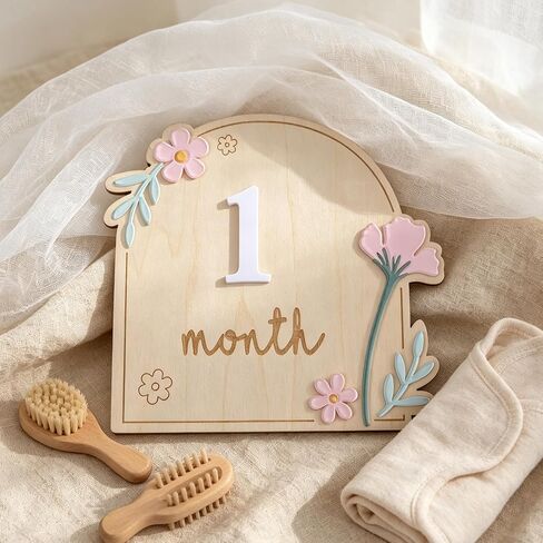 Wooden Wildflower Baby Monthly Milestone Markers Disc, Rustic Wildflower Milestone Sign,Wooden 3D Milestone Cards for Photos, 1-12 Months Interchangeable Monthly Milestone Sign in Kuwait