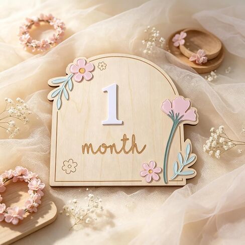 Wooden Wildflower Baby Monthly Milestone Markers Disc, Rustic Wildflower Milestone Sign,Wooden 3D Milestone Cards for Photos, 1-12 Months Interchangeable Monthly Milestone Sign in Kuwait