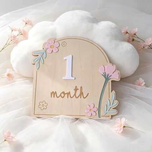Wooden Wildflower Baby Monthly Milestone Markers Disc, Rustic Wildflower Milestone Sign,Wooden 3D Milestone Cards for Photos, 1-12 Months Interchangeable Monthly Milestone Sign in Kuwait