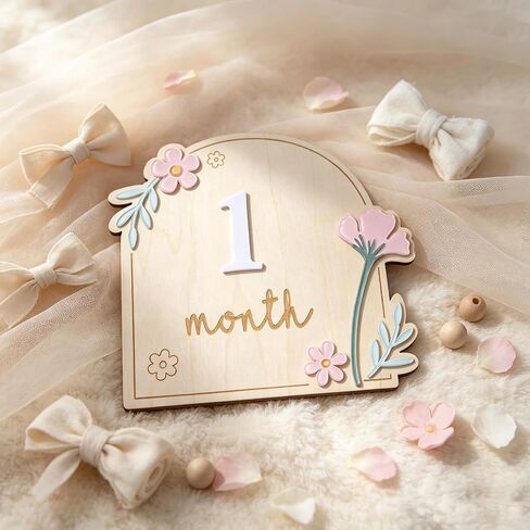 Wooden Wildflower Baby Monthly Milestone Markers Disc, Rustic Wildflower Milestone Sign,Wooden 3D Milestone Cards for Photos, 1-12 Months Interchangeable Monthly Milestone Sign in Kuwait