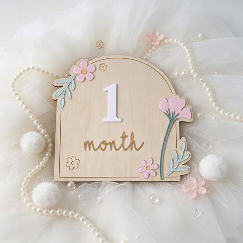 Wooden Wildflower Baby Monthly Milestone Markers Disc, Rustic Wildflower Milestone Sign,Wooden 3D Milestone Cards for Photos, 1-12 Months Interchangeable Monthly Milestone Sign in Kuwait